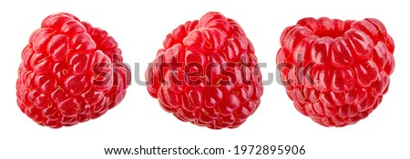 Raspberry isolated. Fresh raspberry on white background. Raspberries set. Fly berries. Top view. With clipping path. Perfect not AI raspberry, true photo.