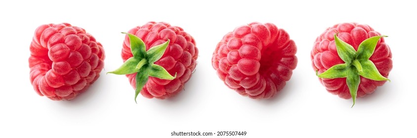 Raspberry isolated on white background. Raspberries closeup set. Side view raspberries collection.