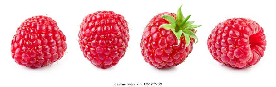 Raspberry isolated. Raspberries with leaf isolate. Raspberry with leaf isolated on white. Side view raspberries set. - Shutterstock ID 1751926022