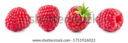Raspberry isolated. Raspberries with leaf isolate. Raspberry with leaf isolated on white. Side view raspberries set.