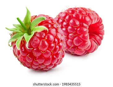 Raspberry isolated. Two red raspberries with green leaf on white background. - Powered by Shutterstock