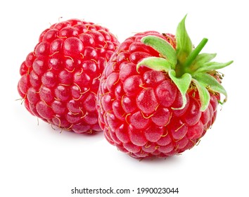 Raspberry isolated. Two red raspberries with green leaf on white background. - Shutterstock ID 1990023044