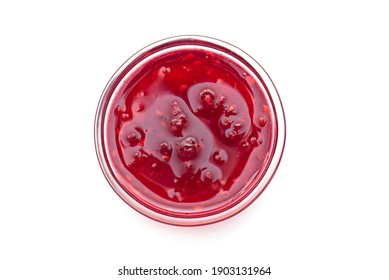 Raspberry Jam In Glass Bowl, Liquid Jam Isolated On White, Top View, Lay Out With Space For Text