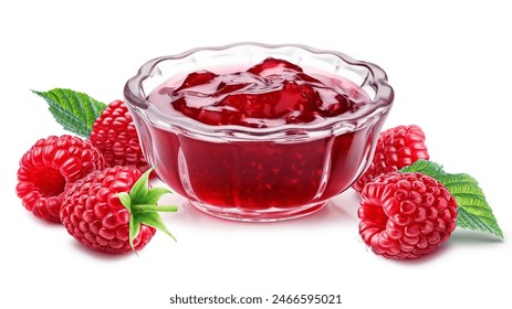 Raspberry jam in glass jam dish with natural raspberries and its leaves around on white background. - Powered by Shutterstock