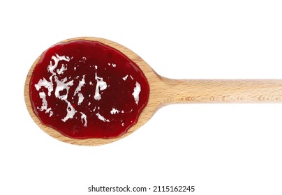 Raspberry Jam In Wooden Spoon, Marmalade Isolated On White, Top View