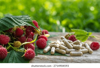Raspberry leaf extract and supplements. Selective focus. Food.
