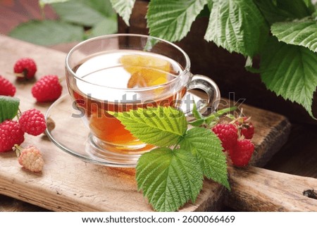 Raspberry leaf tea in glass cup with leaves and berry on rustic background, natural green medicine for menopause, pms, pregnancy, woman drink concept