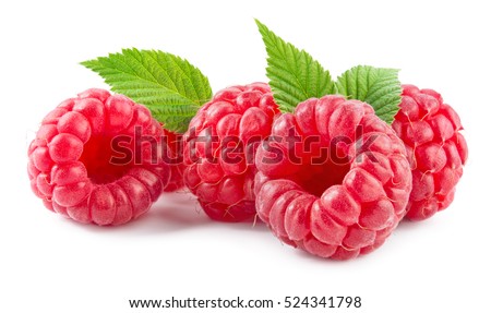 Raspberry with leaves isolated on white background.