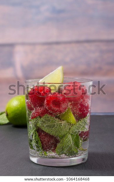 Raspberry Lemonade Lime Mint Glass Nonalcoholic Stock Photo Edit Now 1064168468