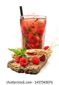 Raspberry Mojito Cocktail Isolated On Wood
