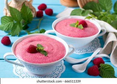 Raspberry Mousse In A White Bowl