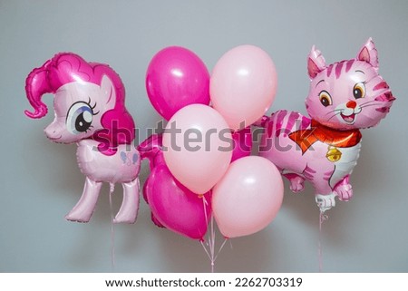 Raspberry number 3, pink kitty and pink pony, pink and crimson balloons