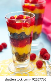 Raspberry And Peach Trifle In Glasses