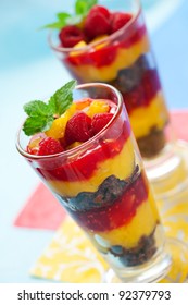 Raspberry And Peach Trifle In Glasses