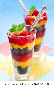 Raspberry And Peach Trifle In Glasses