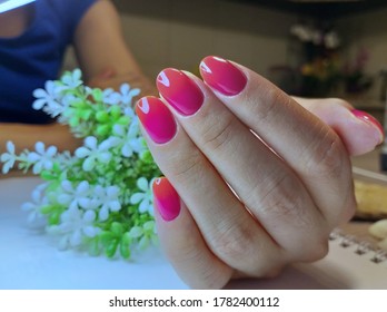 Raspberry pink shade gel polish  gradient nails orange color