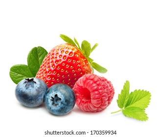 Raspberry, Strawberry And Blueberry Isolated On White Background