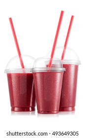 Raspberry And Strawberry Smoothie In Three Size Of Plastic Cup