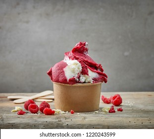 Raspberry And White Chocolate Ice Cream In Paper Cup