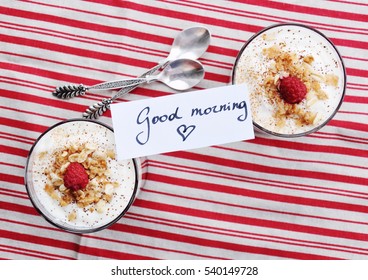 Raspberry Yogurt Granola Parfait And Good Morning Message - Cute Healthy Breakfast For Valentines Day, Top View