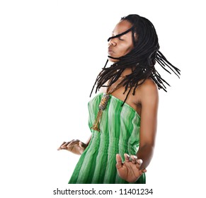 Rasta Woman Dancing Reggae With Closed Eyes Feeling The Music