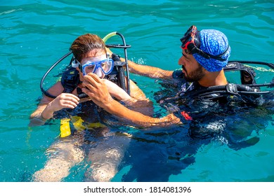 Rat Island Antalya /Turkey -September 10 2020:
 The Mediterranean Coast, Blue Sea Diving People Are Doing