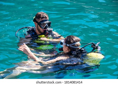 Rat Island Antalya /Turkey -September 10 2020:
 The Mediterranean Coast, Blue Sea Diving People Are Doing