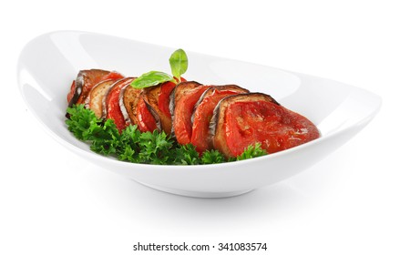 Ratatouille On Plate, Isolated On White