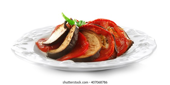 Ratatouille On Plate, Isolated On White