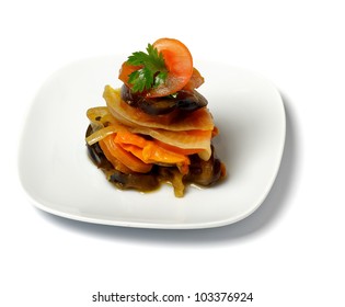 Ratatouille On White Plate Isolated Closeup