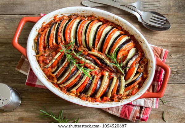 Ratatouille - traditional French Provencal\
vegetable dish cooked in oven. Diet vegetarian vegan food -\
Ratatouille\
casserole.