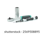 A ratchet with a head and a screwdriver on a white background                          