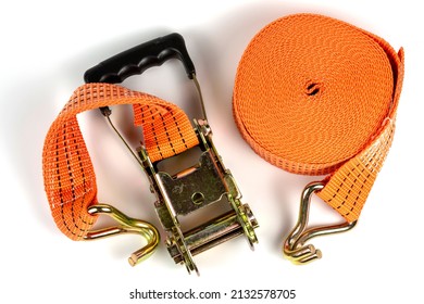 Ratchet straps to control load loading. Cargo securing belt. Close-up on a white background