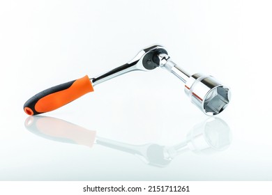 Ratchet Wrench Is On White Background, Studio Photo Shoot. Hand Tool On White Background