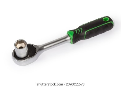 Ratchet wrench with rubberized handle and inserted hexagonal socket on a white background