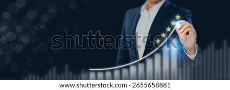 Rating Evaluation and Performance Improvement concept. Draws a rising curve with five stars above a bar chart, review, ranking improvement, evaluation and classification in a business or service.