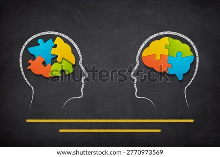 Rational and irrational thinking concept. Mental health and problems with memory. Human brain shaped made of jigsaw puzzles inside your head