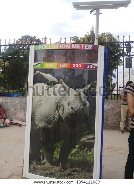 Ratnapark,\
Kathmandu, Central/Nepal-April 19, 2019: Pollution meters set up\
showing the pollution level in the capital city of Nepal. There is\
problem with the pollution in the\
capital.