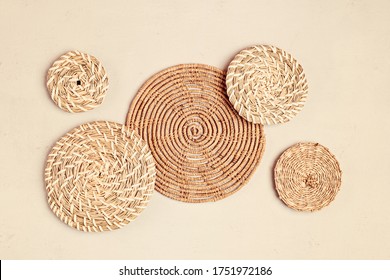 Rattan Basket Wall Decor Bohemiam Style. Eco Friendly Trendy Room Decoration. Copy Space