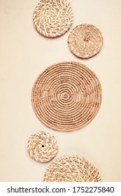 Rattan Basket Wall Decor Bohemiam Style. Eco Friendly Trendy Room Decoration. Copy Space