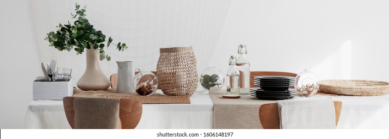 Rattan Decoration And Linen Napkins On The Table