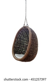 Rattan Lounge Hanging Chair Oval Shape Or Egg Shape With White Pillow Isolated On White Background