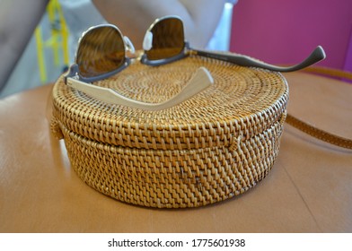 Rattan Purse With Wood Sunglasses