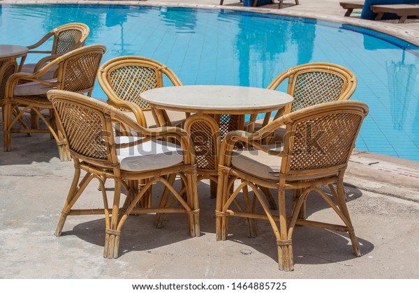 Rattan Table Chairs Beach Cafe Near Parks Outdoor Objects Stock