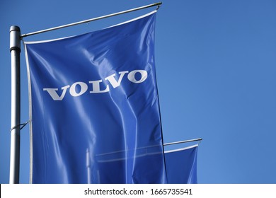 Ratzeburg, Schleswig-Holstein / Germany - July 21, 2019: Flag with tho logo of Volvo - The Volvo Group is a Swedish multinational manufacturing company