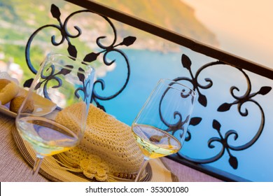 Ravello, Romantic Scene: Two Glasses Of White Wine In Front Of The Amalfi Coast Sea