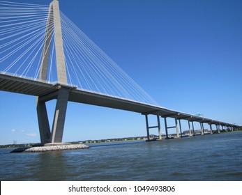The Ravenel Bridge, as seen from the water, that connects Charleston, SC to Mount Pleasant, SC.