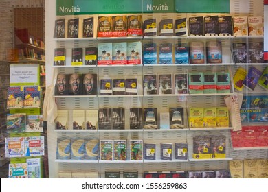 RAVENNA, ITALY - August 31, 2019: Book Showcase In Italian Book Store In Ravenna