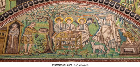 RAVENNA, ITALY - JANUARY 28, 2020: The mosaic of scenes Abraham Hosts the Tree Angels and The Sacrifice of Isaac in presbytery of the church Basilica di San Vitale from the 6. cent.