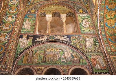 RAVENNA, ITALY - JANUARY 28, 2020: The mosaic of scenes Abraham Hosts the Tree Angels and The Sacrifice of Isaac in presbytery of the church Basilica di San Vitale from the 6. cent.